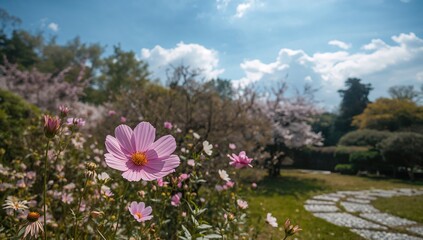 Blooming Cosmos Flower Field in a Picturesque Landscape