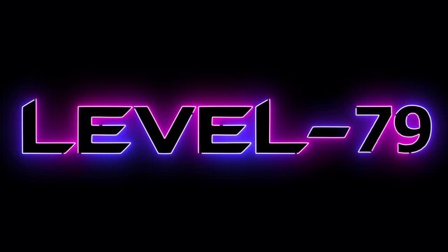 pink and blue neon glowing level 79 text font icon animation. Neon level sign. Level text animation on black background.