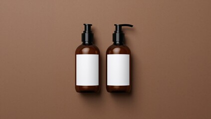Mockup of amber glass containers featuring blank labels against a brown backdrop. Includes pump and spray bottle designs. Cosmetic products for bathroom use. Overhead flat lay perspective.