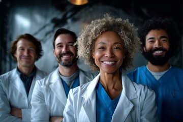 Diverse team of confident doctors smiling together in hospital. Concept of healthcare, medical teamwork, leadership, trust, and professional success in modern medicine and clinic environment.