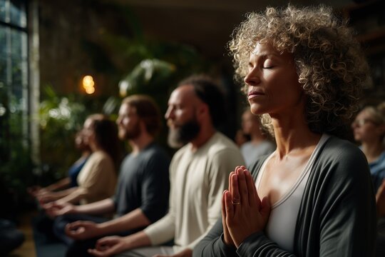 Group of diverse people meditating in yoga class with calm focus. Concept of mindfulness, wellness, spirituality, balance, relaxation, and mental health in peaceful indoor atmosphere.