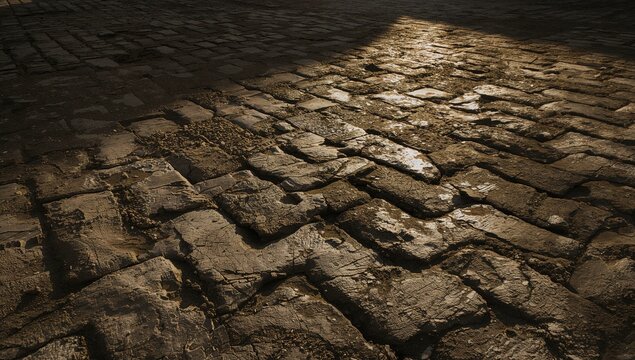Sunlight shining on textured pavement blocks, perfect for industrial, grunge, punk, and steampunk backgrounds