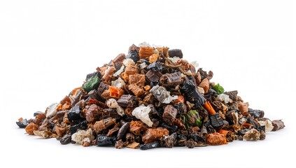 Obraz premium A heap of processed waste fuel (RDF) isolated on a white backdrop.