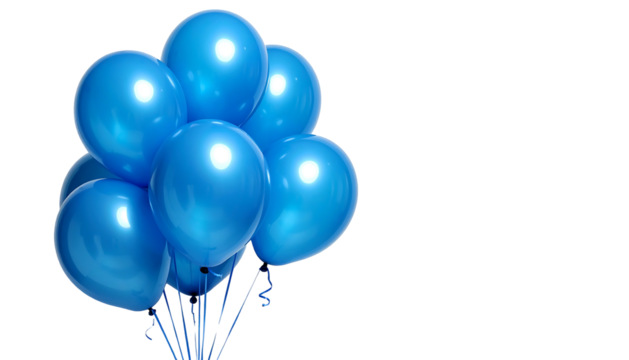 Glossy blue balloons clustered together, tied with curled ribbon, against a stark black backdrop creating contrast