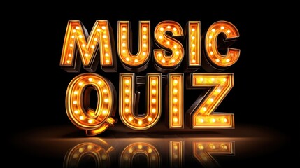 Bright and Colorful Neon Music Quiz Show Sign with Light Bulbs and Reflection on Black Background