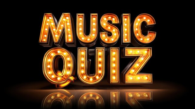 Bright and Colorful Neon Music Quiz Show Sign with Light Bulbs and Reflection on Black Background