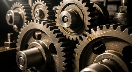 Detailed close-up of interlocking metal gears with lubrication in an industrial machine, symbolizing engineering and mechanical precision.