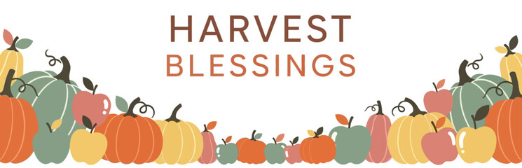 Harvest Blessings banner with pumpkins and apples in autumn colors.
