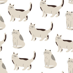 Seamless pattern with cute cats. Gray cats on a white background. Hand drawn vector illustration, repeating print.