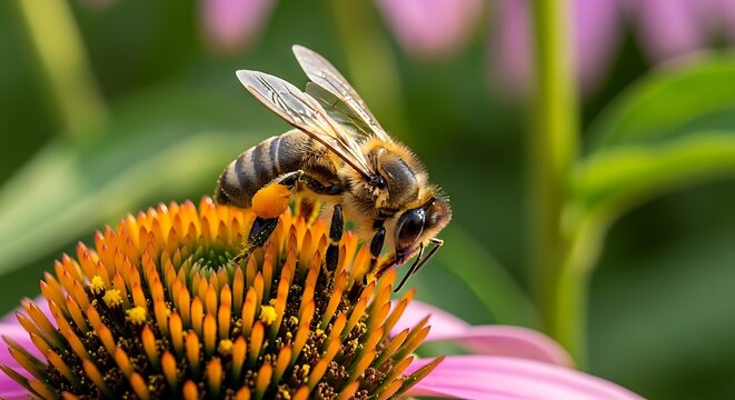 Honey Bee with Pollen Basket on Vibrant Echinacea Flower Head