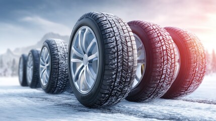Obraz premium Winter Tire Set on Snowy Road with Stunning Background and Bright Sunlight Effect