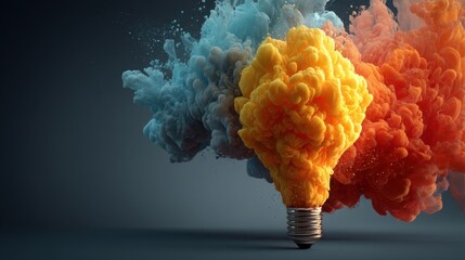 Vibrant Smoke Explosion from Light Bulb in Eye-Catching Yellow and Blue Colors Against Dark Background
