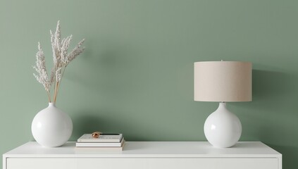 Simple interior design featuring a beige lamp and white vase against a soft green backdrop