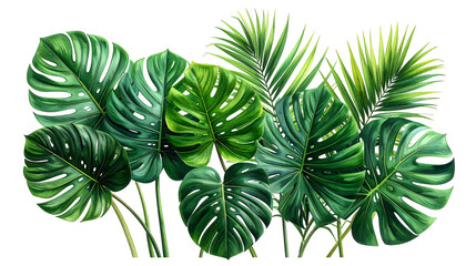 Lush cluster of vibrant green monstera and palm leaves arranged against a black background