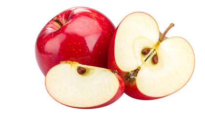Glossy red apple, with slices exposing core and seeds, set against a stark black background