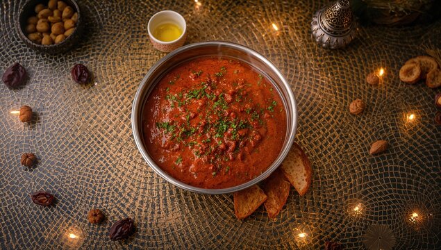 Top view of a bowl filled with spicy red sauce served in a dining setting