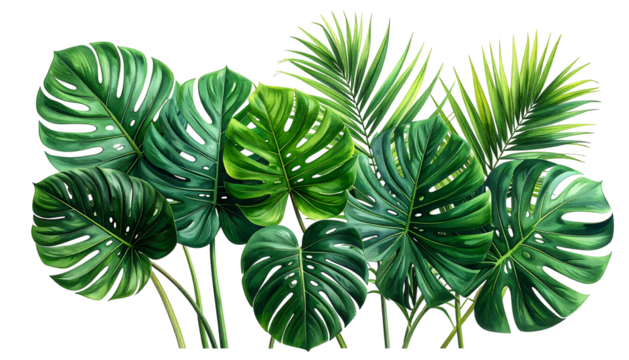 Lush cluster of vibrant green monstera and palm leaves arranged against a black background