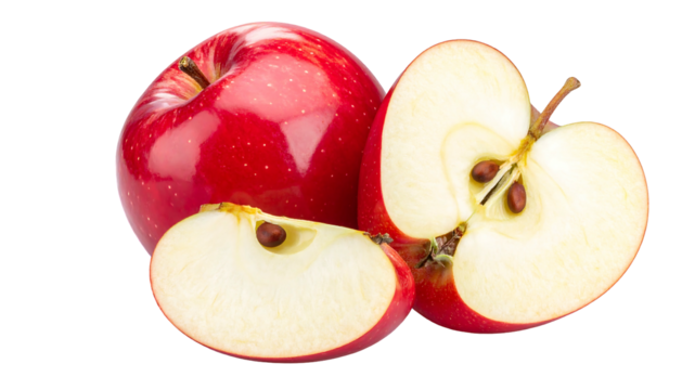 Glossy red apple, with slices exposing core and seeds, set against a stark black background - Powered by Adobe