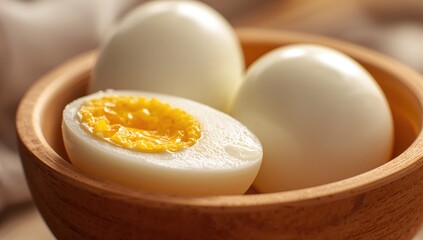 Detailed View of Soft Boiled Eggs in a Wooden Dish