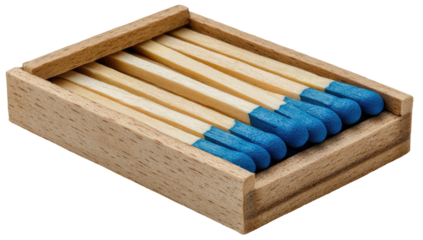 Wood box filled with matches, blue tips, angled, close-up studio shot