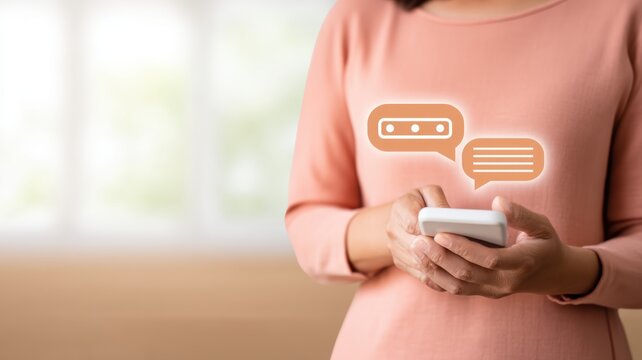 digital banking AI personalization. Woman holding a smartphone with chat icons in a bright, modern setting.