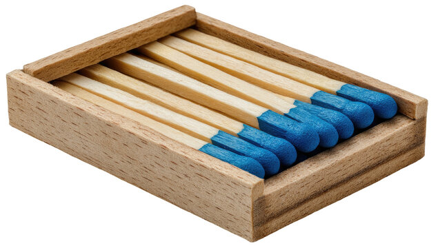 Wood box filled with matches, blue tips, angled, close-up studio shot