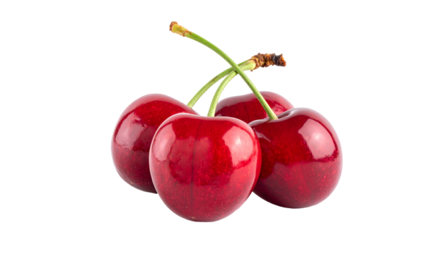Glossy red cherries clustered together with green stems, isolated on a plain black background