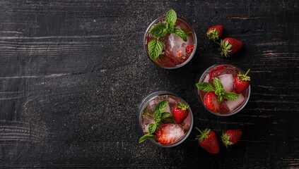 Refreshing strawberry mojito drinks served on a rustic dark wooden surface with fresh mint and strawberries as decoration.