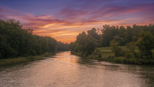 Fototapeta Scenic Riverbank with Trees and Sunset Over the Water