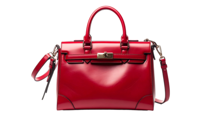 Glossy red handbag with structured silhouette, featuring a top handle and shoulder strap against a solid dark background