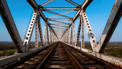 Obraz premium Perspective of an old rail bridge with weathered tracks