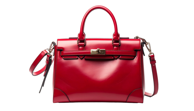 Glossy red handbag with structured silhouette, featuring a top handle and shoulder strap against a solid dark background