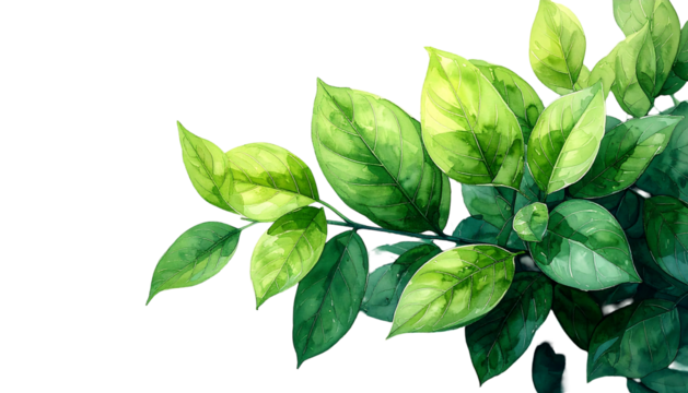 Lush foliage displays vibrant greens on a black background. Watercolor illustration style