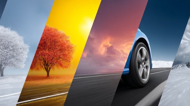 A tire rolls smoothly on a diverse road that showcases the beauty of different seasons. From sunny days to snowy landscapes, the journey captures nature's changing colors and moods