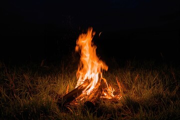 Extended exposure capturing the flickering flames painting light across the grass