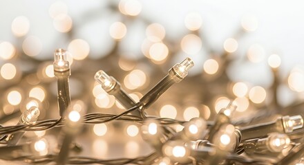 Warm glowing christmas string lights with soft bokeh effect, concept of festive holiday atmosphere and cozy decoration.