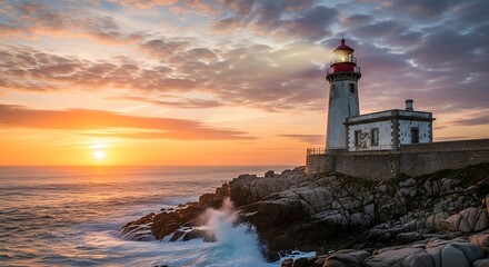 Naklejka premium Lighthouse on a rocky coast at sunset with vibrant orange sky and crashing waves over the ocean