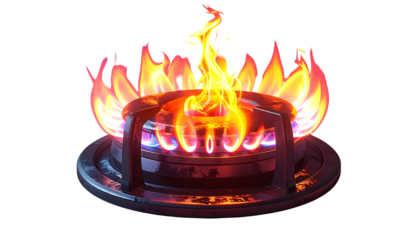Glowing flames dance atop a gas burner, rendered with bright oranges, yellows, blues, and reds against a black background