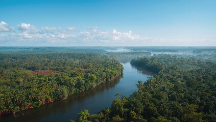 Lush green trees lining a vast river beneath a clear blue sky