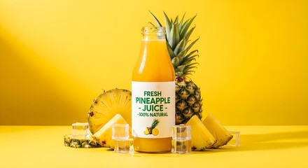 bottle of Fresh pineapple juice on the yellow background.