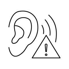 Line drawing of an ear with a warning sign and radio waves