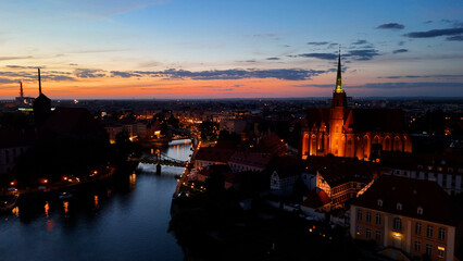 old European city city center view from above evening night illumination Wroclaw Poland