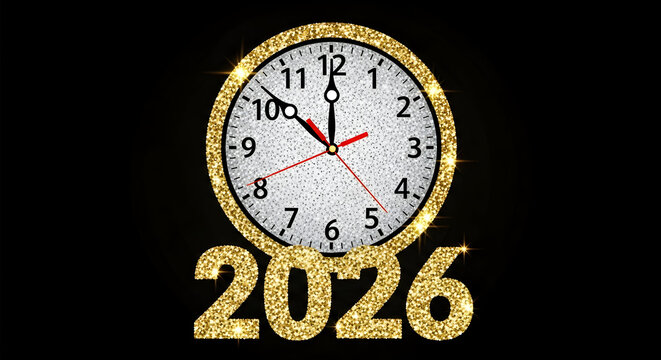Glittering clock striking midnight with 2026 numbers