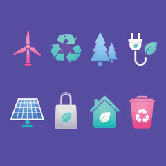 Vector illustration of set of colorful flat icons representing renewable energy, recycling, and ecofriendly living on a purple background