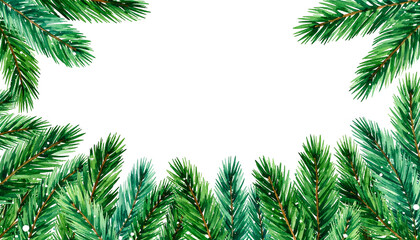 Lush green fir branches frame a dark void. Evergreen border with needles are brightly-lit