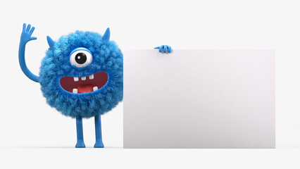 Fluffy, cute monster holds a blank sign, symbolizes information and advertising display. 3D rendering, conceptual image. Isolated on white background.