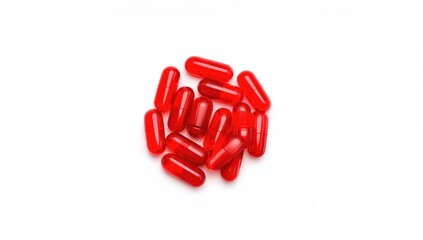 Red gelatin capsules stacked on a white surface. Nutritional supplements and vitamins idea. Medicine manufacturing sector. Drugstore products. Wellness care.
