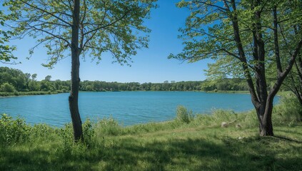 Obraz premium Scenic view of a tranquil lake framed by two trees in summer