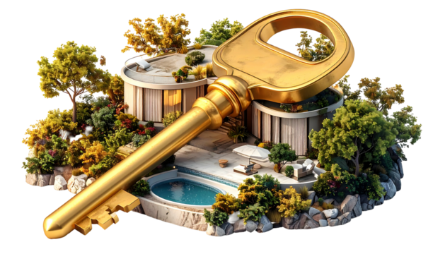 Gold key to a stylish home with round architecture and a pool, surrounded by lush trees