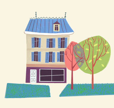 Casa en un parque. Ilustraci&oacute;n gouache. Colores vivos de caricatura